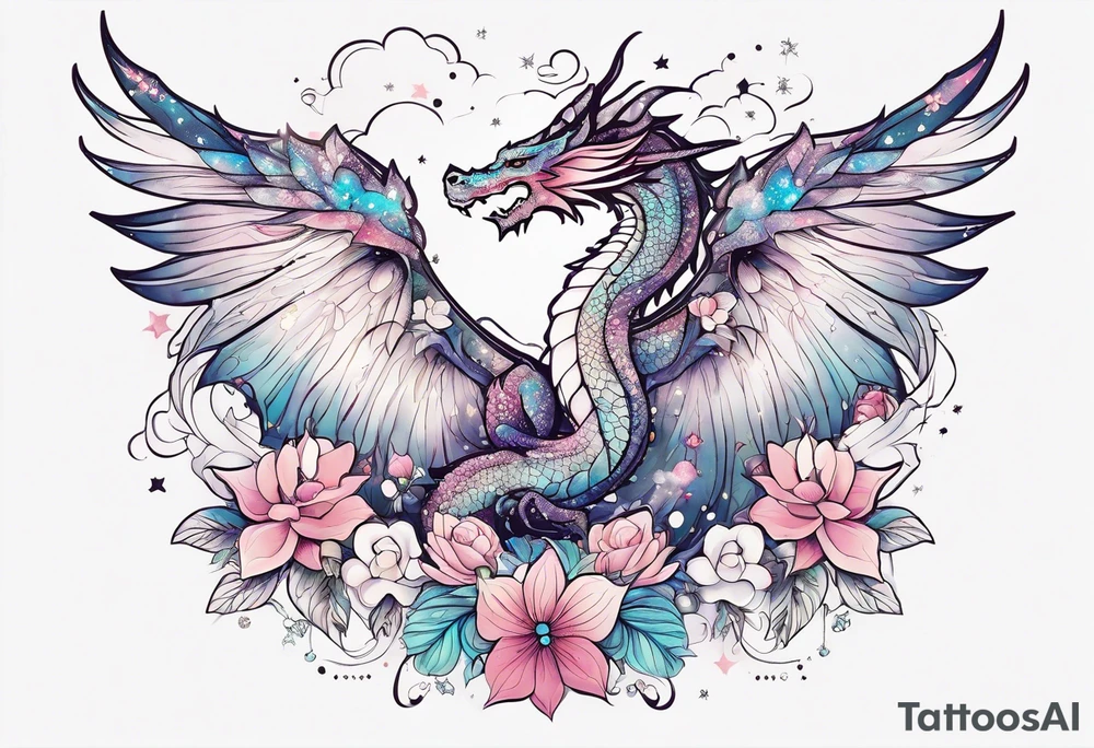 Constellation, wing , snow , cross , dragon female japan kawaii , flower tattoo idea