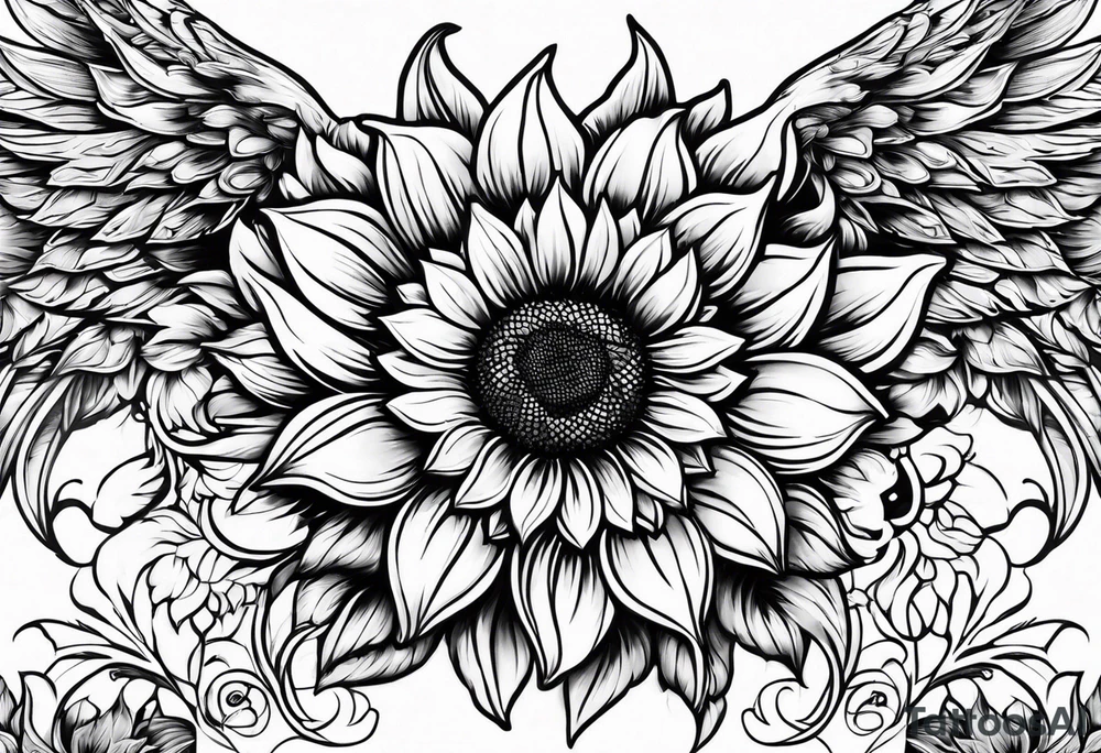 Sunflowers and angel wings leg sleeve tattoo idea