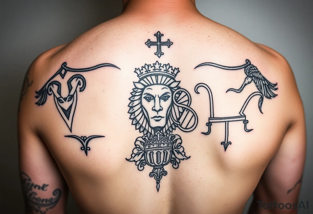 A foreman sleeve that has my family’s birth signs Aries, Leo, and Gemini along with St. Florian tattoo idea