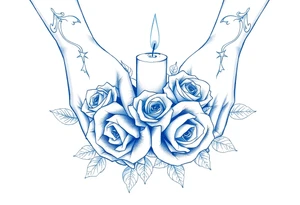 Two hands, roses, two candles, blue tattoo idea