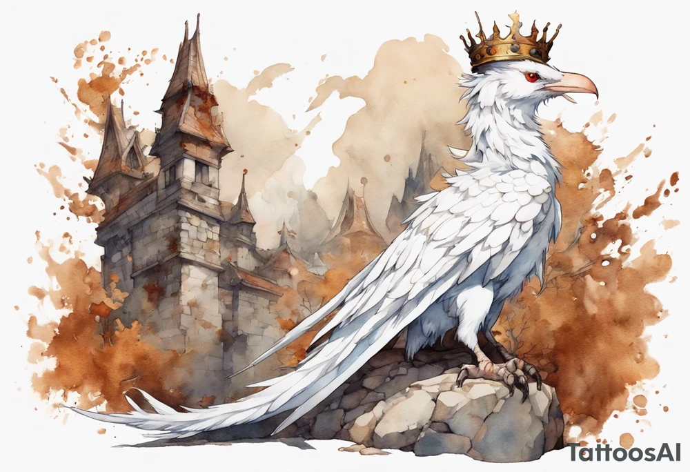 a white bird-wyvern hybrid, wearing a rusted crown, perched on a stone tattoo idea