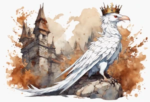 a white bird-wyvern hybrid, wearing a rusted crown, perched on a stone tattoo idea