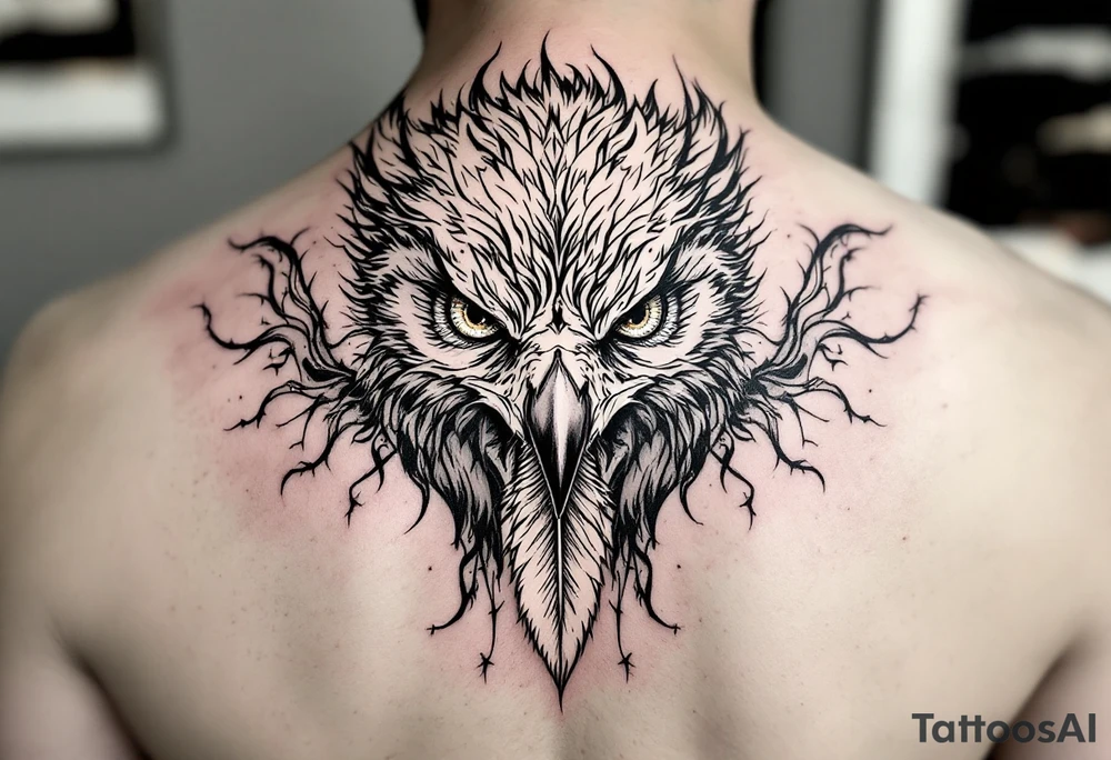 all seeing gaze and sharp talons with feather in beak tattoo idea