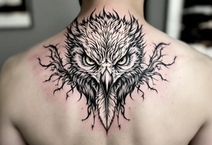 all seeing gaze and sharp talons with feather in beak tattoo idea