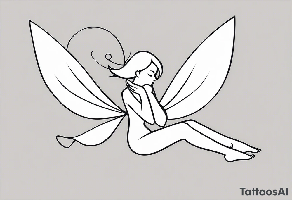 Minimalistic, monochromatic fairy with a tail flying to the left in a fetal position, leaning and looking in the same direction, with visible hands, embodying the 'Fairy Tail' logo aesthetic. tattoo idea