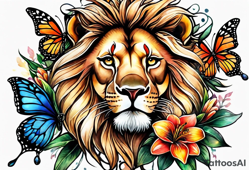 African lion lilies butterflies crown tattoo idea