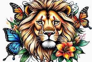 African lion lilies butterflies crown tattoo idea