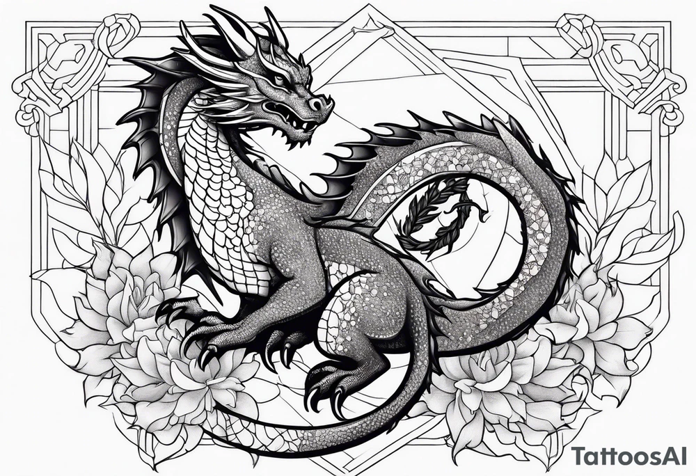 Small dragon with September birth flower on the spine tattoo idea