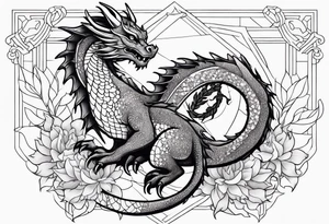 Small dragon with September birth flower on the spine tattoo idea