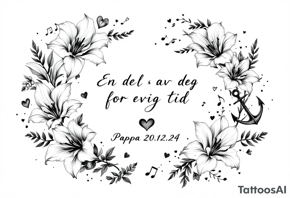 «En del av deg for evig tid
Pappa 20.12.24» Surrounded by long gladiolus, hearts, notes and an anchor.
Make it small tattoo idea