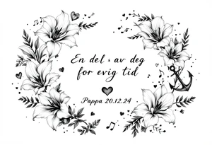 «En del av deg for evig tid
Pappa 20.12.24» Surrounded by long gladiolus, hearts, notes and an anchor.
Make it small tattoo idea