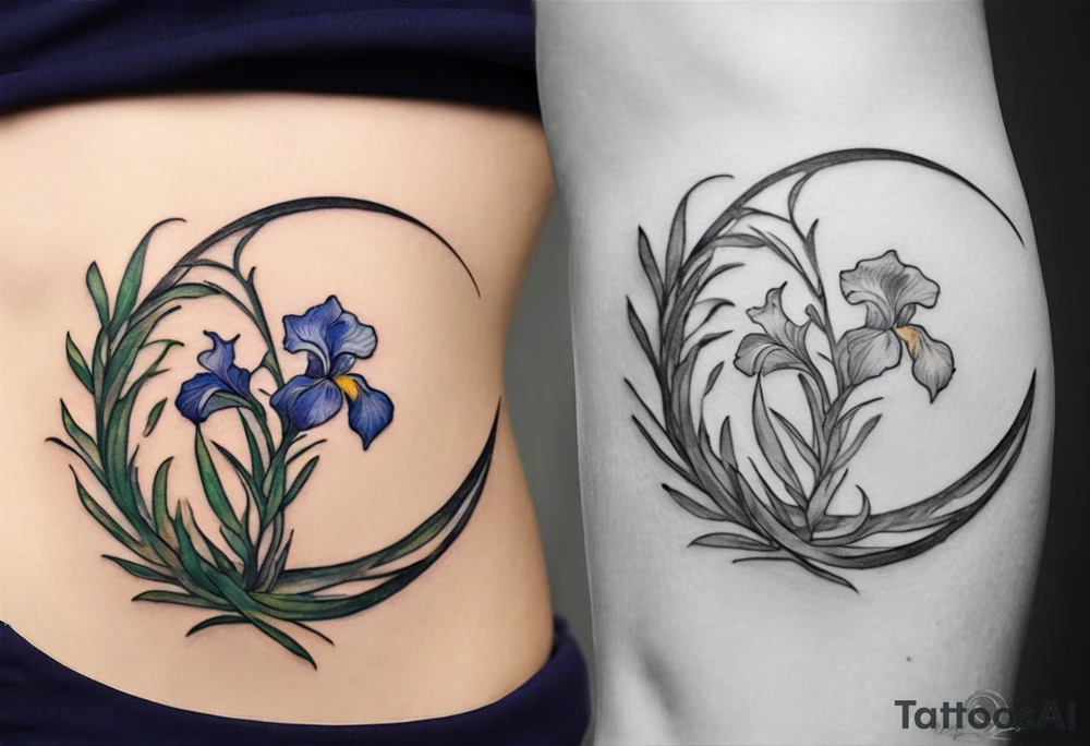 Create a small Vincent van Gogh Irises tattoo. The tattoo should take the form of a crescent, with vines gracefully intertwining at a central point in the middle of the wreath with a bird. The intended placement is on the upper chest. The overall design should be small in size while maintaining a delicate and artistic aesthetic. Pay attention to the graceful flow of the vines and the placement of the irises to achieve a refined and elegant look. tattoo idea