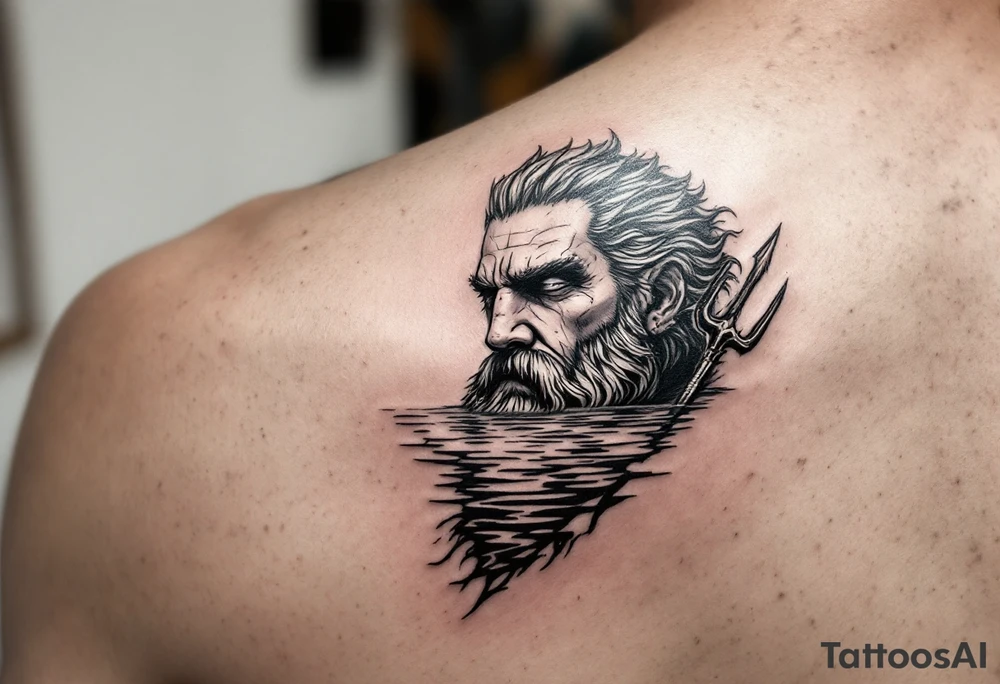 poseidon with trident half way in calm water tattoo idea