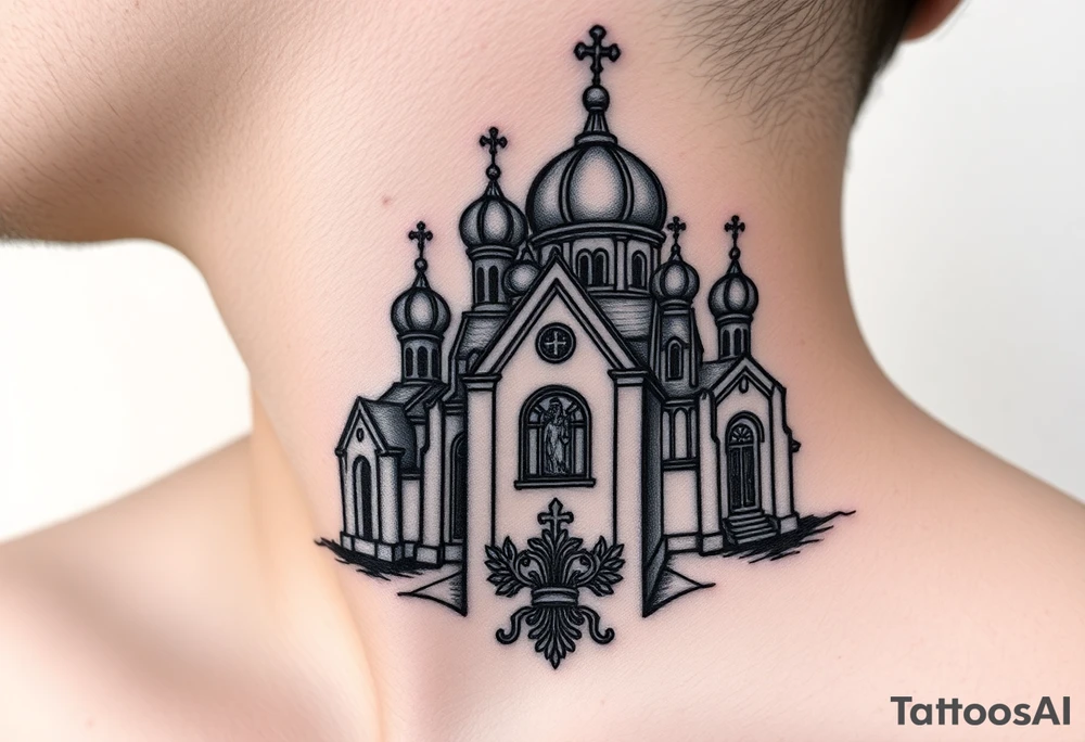 medium sized Russian orthodox church with bulb domes with a prominent russian orthodox coat of arms & virgin mary tattoo idea