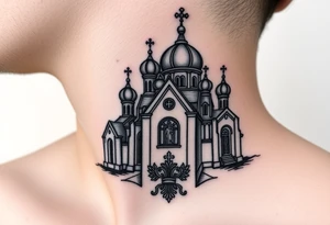 medium sized Russian orthodox church with bulb domes with a prominent russian orthodox coat of arms & virgin mary tattoo idea