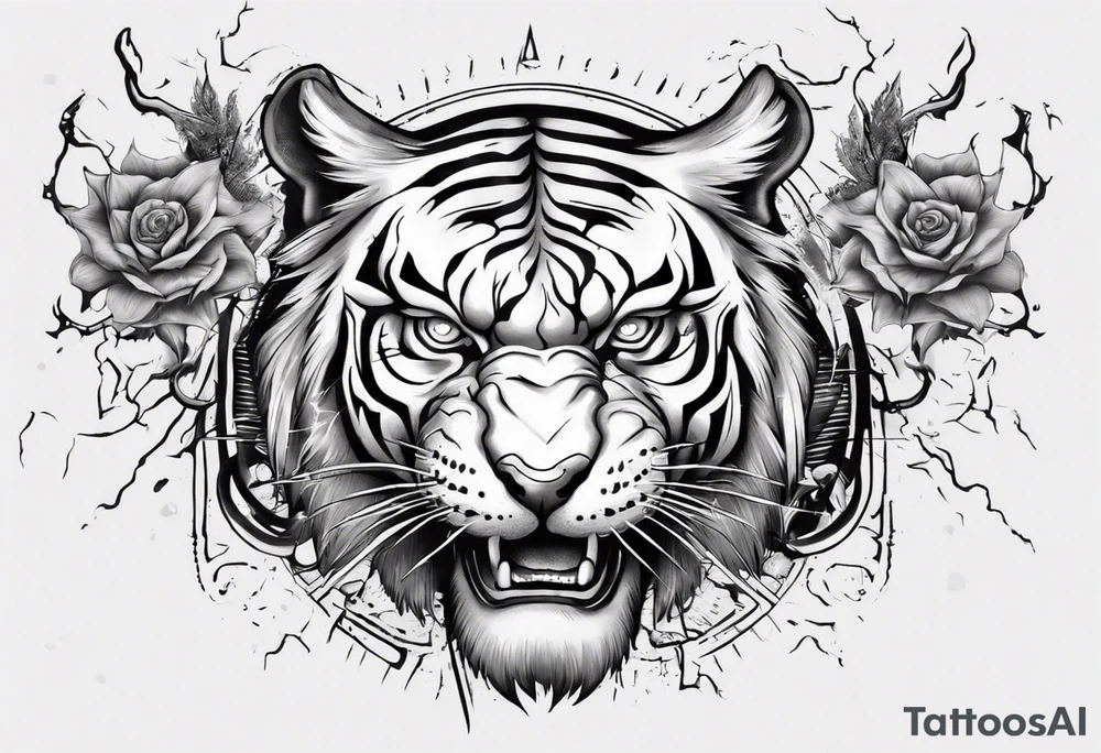 Ancient tiger with lightning and a sun for a forearm sleeve tattoo idea