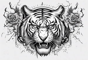 Ancient tiger with lightning and a sun for a forearm sleeve tattoo idea