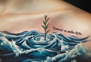 "Tonouci se stebla chyta." — A hand reaching for a single green reed in turbulent navy-blue waters, with the quote trailing behind like ripples. tattoo idea