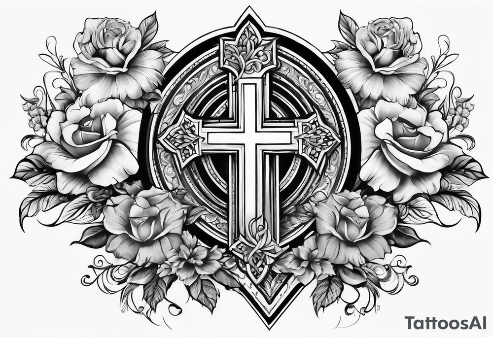 womens christian tattoo sleeve with flowers and a plain cross in the middle with clouds tattoo idea