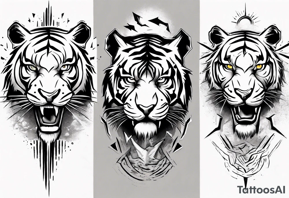 Ancient tiger with lightning and a sun for a forearm sleeve tattoo idea