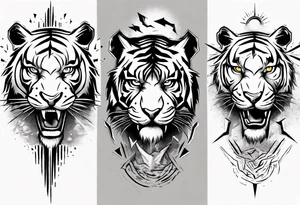 Ancient tiger with lightning and a sun for a forearm sleeve tattoo idea
