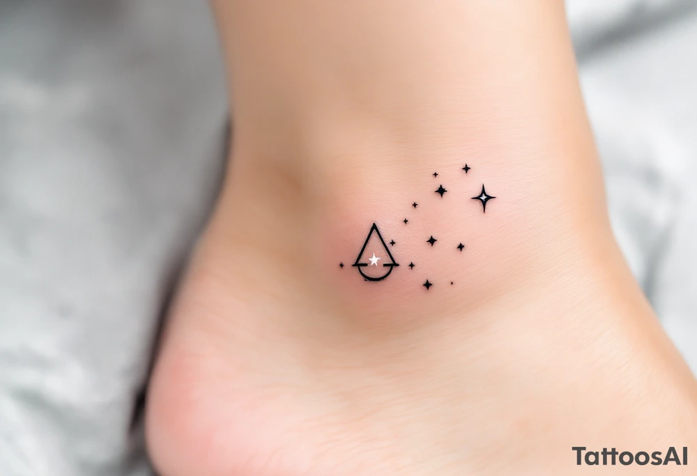 A tiny vivid  star constellation in white from inside a black-ink outline of Libra symbol on the ankle. tattoo idea