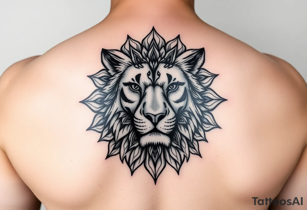 a female lion with half of her face as a messy mandala tattoo idea