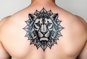 a female lion with half of her face as a messy mandala tattoo idea