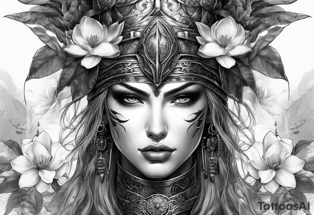 female warrior face with magnolias tattoo idea