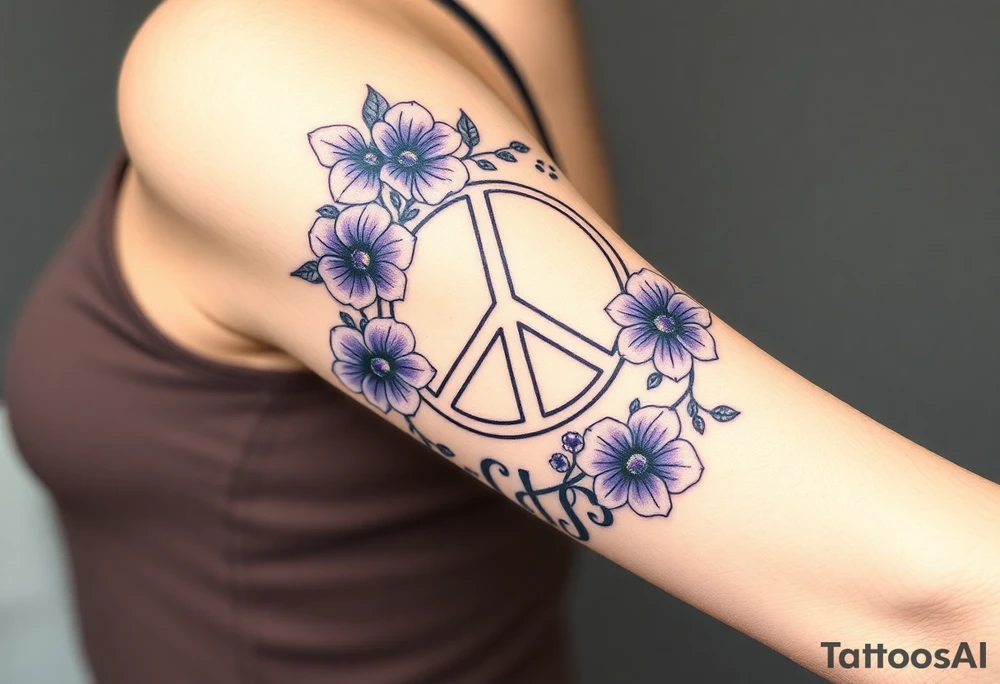 peace symbol intertwined with violets Pisces symbol, dog prints, amethyst, initials csb in cursive font tattoo idea