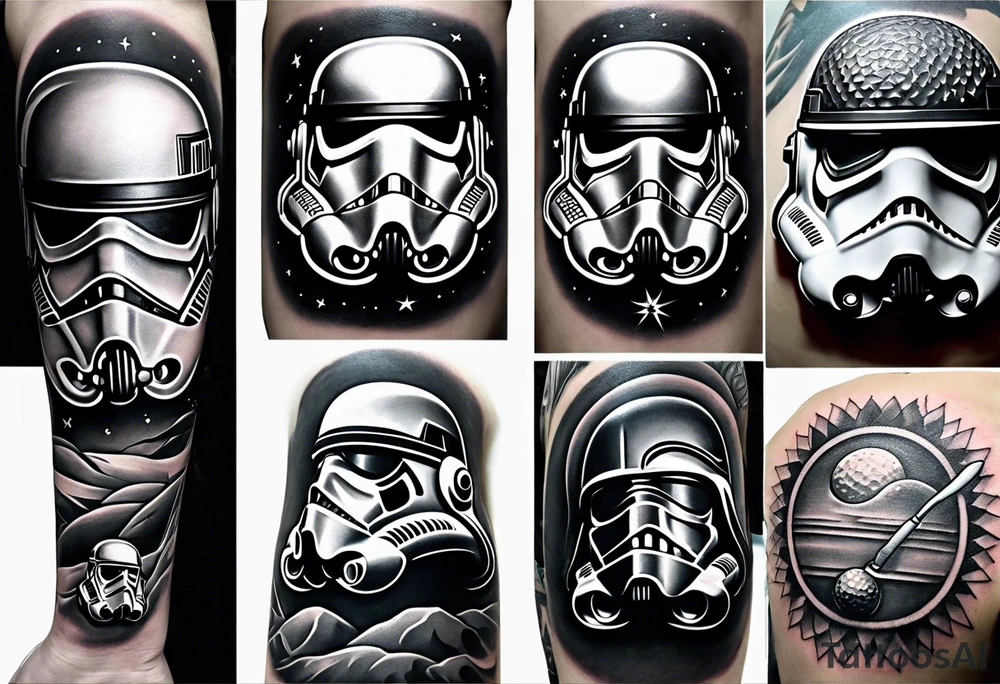 An upper sleeve shoulder tattoo that combines a love for Star Wars and a love for Golf tattoo idea