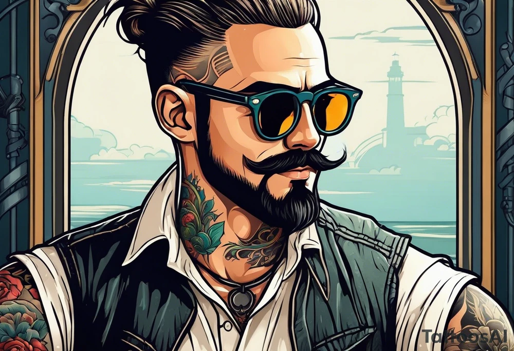 Male, slim oval face, sunken eyed, Short mustache, tools, ray-bans, no hair on sides and pony-tail on top, mechanic tattoo idea