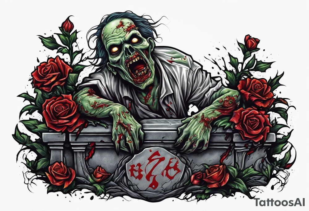 Zombie crawling out of grave. 
MIW Reincarnate written on gravestone tattoo idea