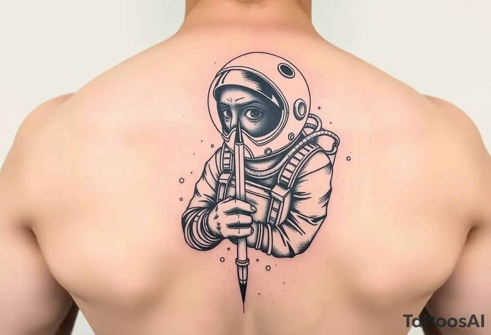 A spaceman junkie with a needle tattoo idea