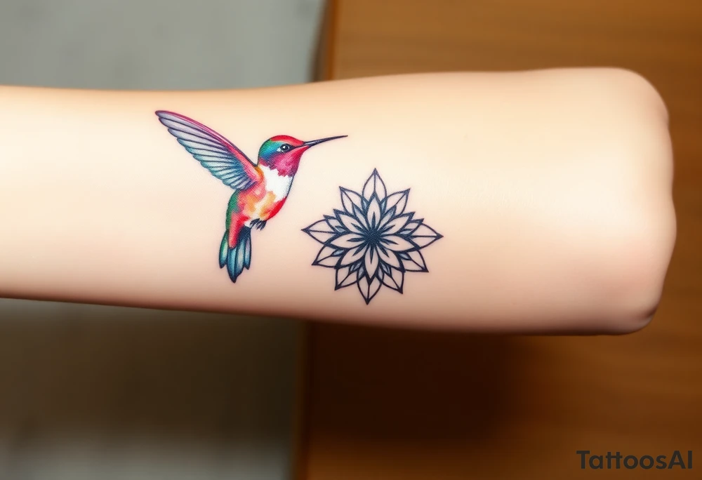 A hummingbird hovering near a Flower of Life, representing harmony and the energy of life. tattoo idea