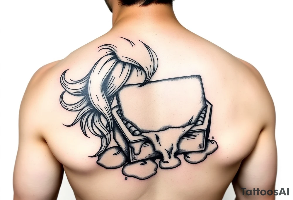 A melting lunchbox with long flowing hair tattoo idea
