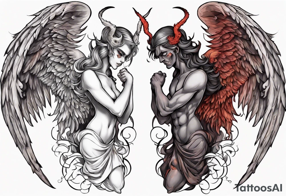 Demon and angel holding each other. He has angel wings, she has demon wings. tattoo idea