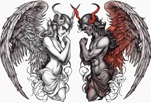 Demon and angel holding each other. He has angel wings, she has demon wings. tattoo idea