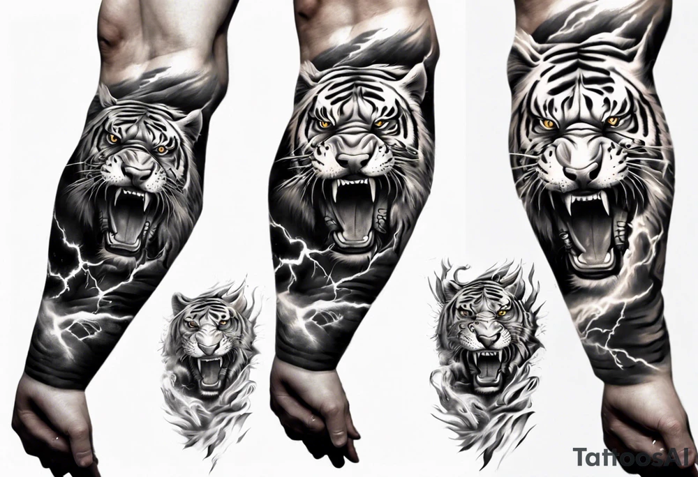Tiger Warrior sleeve tattoo with lightning and the sun
Forearm sleeve tattoo idea