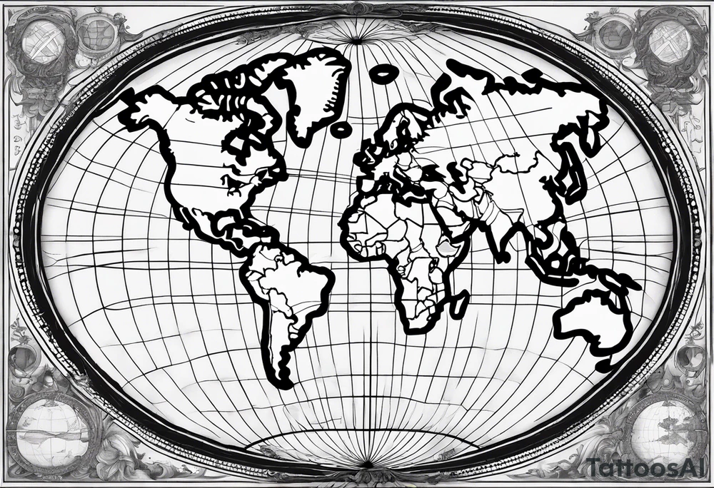 the earth on a flat map with no shading placed on a grid with only the lines with accurate depictions of the borders in countries while having it in an oval/circular position on a grid without any borders on the sides while having the countries not have such bold borders tattoo idea