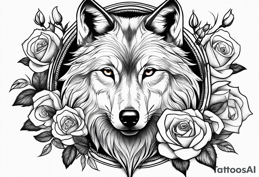 wolf with roses tattoo idea