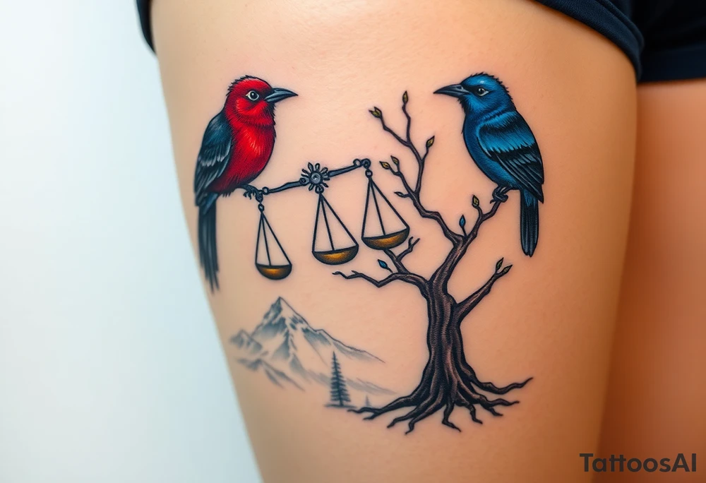 one of the birds red wearing a suit, other bird navy blue with glasses or holding a book, scales of justice built into a tree, starry night painting and mountain background tattoo idea