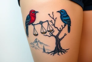 one of the birds red wearing a suit, other bird navy blue with glasses or holding a book, scales of justice built into a tree, starry night painting and mountain background tattoo idea