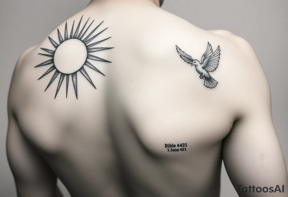 sun rays starting on the shoulder going a bit onto chest and down arm with some clouds, mourning dove, bible verse 1 John 4:21 written on the bicep, this is going to be a sleeve tattoo idea