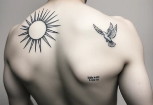 sun rays starting on the shoulder going a bit onto chest and down arm with some clouds, mourning dove, bible verse 1 John 4:21 written on the bicep, this is going to be a sleeve tattoo idea