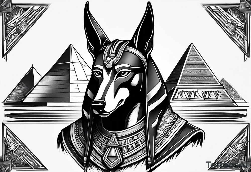 Strict Anubis portrait with pyramids on the background tattoo idea