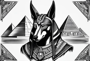 Strict Anubis portrait with pyramids on the background tattoo idea