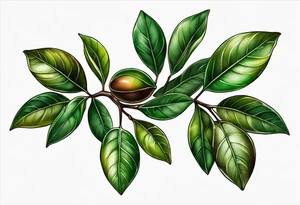 A ficus edulus branch with 3 greenish-brown fruits and multiple leaves tattoo idea