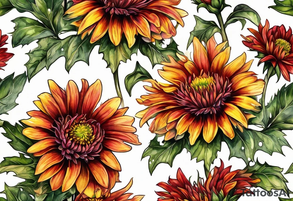 Indian blanket flower with the name Valor in the stem tattoo idea