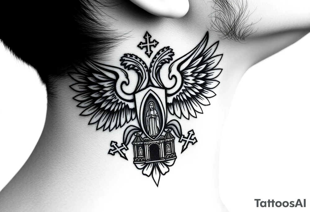 russian coat of arms double headed eagle traditional christian orthodox cross with a virgin mary stood in the entrance of a russian orthodox dome church on the side of the neck in a wilderness setting tattoo idea